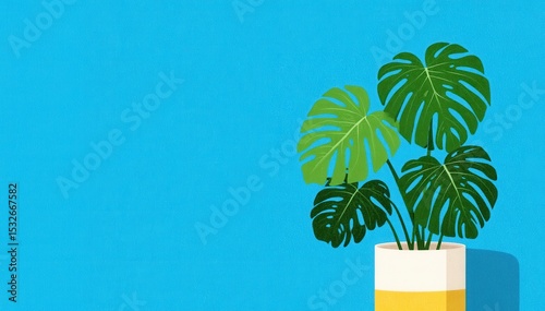 Lush Green Monstera Plant in Bright Yellow Pot Against Vibrant Blue Background for Stylish Interior Decor and Nature Inspiration