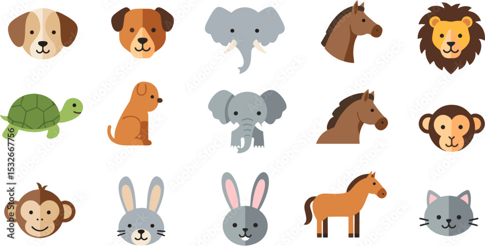 Fototapeta premium Cute Flat Animal Icon Set – Forest, Pet, and Wild Animals