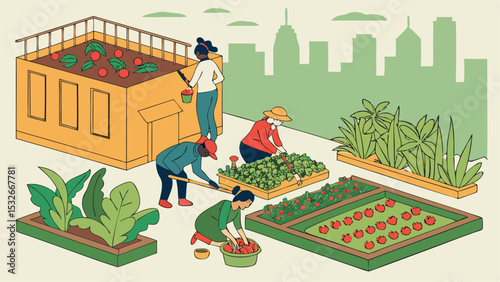 People tending to various garden beds and a rooftop garden with city skyline in the background
