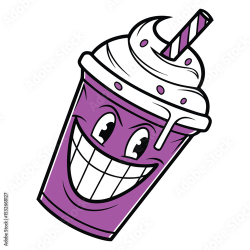 Purple Cartoon Milkshake Cup with Whipped Cream Smiling