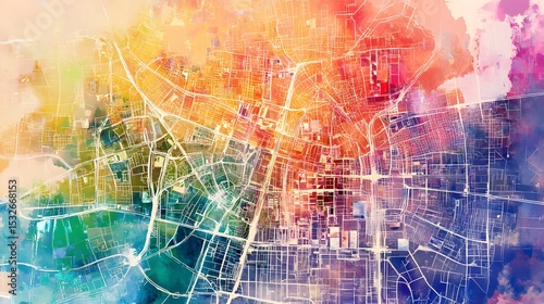 Vibrant cityscape watercolor map urban design