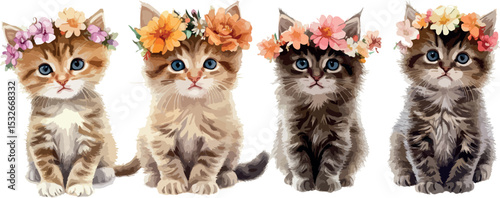 Four adorable watercolor kittens sitting in a row each wearing a unique flower crown showcasing different color variations and floral arrangements on a clean white