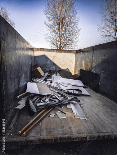 View inside an open dumpster being filled with construction debris. 