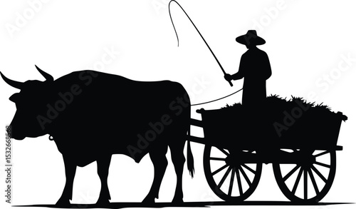 Silhouette illustration of a farmer seated on a cart pulled by an ox with horns, depicting traditional farming and agriculture

