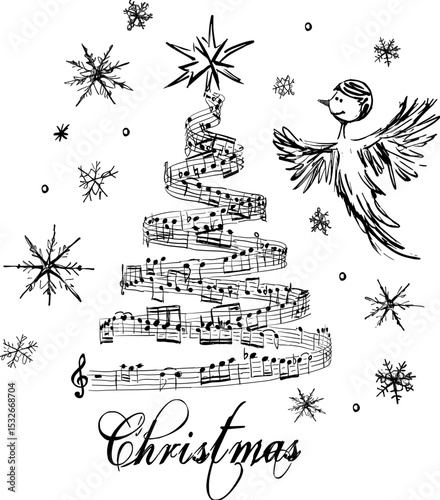 Hand-drawn illustration of a bird-like angel with a Christmas tree made of musical notes. Vector illustration on white