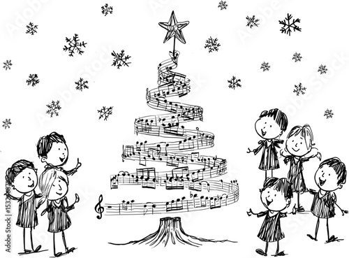 Black and white sketch of kids singing around a music note Christmas tree. Vector illustration on white