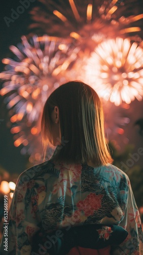 花火の背景と美女のポートレート