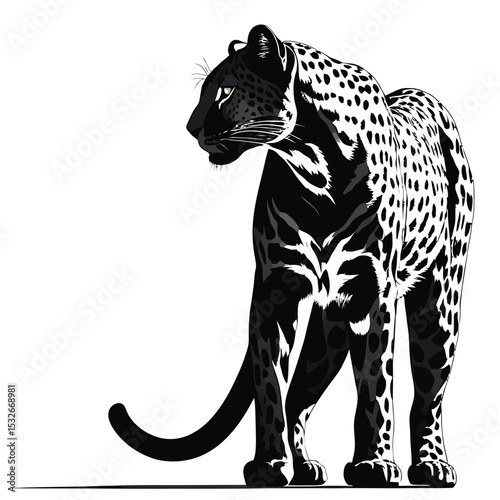 Stylized Black and White Leopard Illustration with Yellow Eyes Highlighting Muscular Build