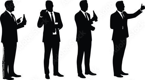 Silhouette of four businessmen in various poses symbolizing leadership and communication

