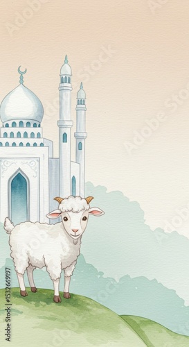 cartoon illustration of a goat in a courtyard with a mosque in the background