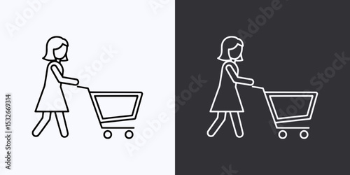 Outline Woman Pushing Shopping Cart Icon – Black and White Version
