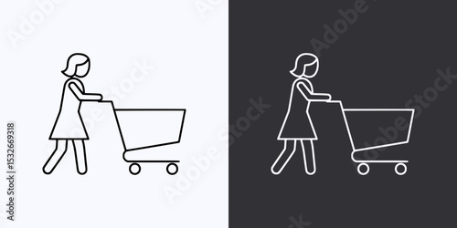 Outline Woman Pushing Shopping Cart Icon – Black and White Version
