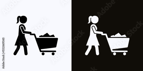 Solid Black Woman Pushing Shopping Cart Icon – Black and White Version