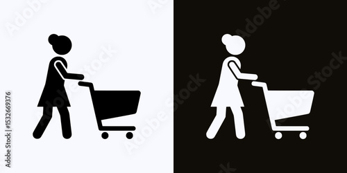 Solid Black Woman Pushing Shopping Cart Icon – Black and White Version