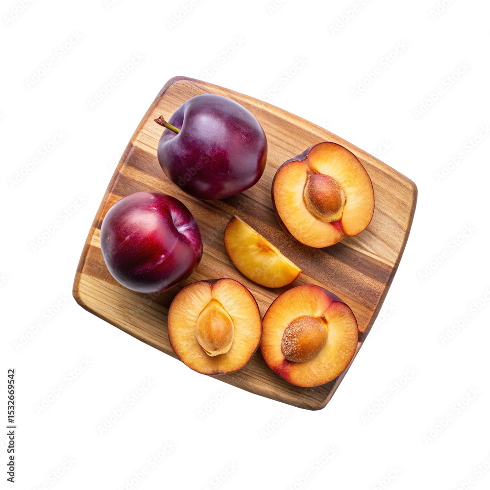 Obraz premium Fresh and Juicy Plums Arranged Beautifully on a Wooden Cutting Board