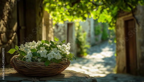 A woven basket filled with delicate white flowers rests on a rustic stone table, which overlooks a charming ancient medieval village bathed in warm, sunny spring light.