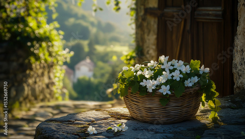 A woven basket filled with delicate white flowers rests on a rustic stone table, which overlooks a charming ancient medieval village bathed in warm, sunny spring light.