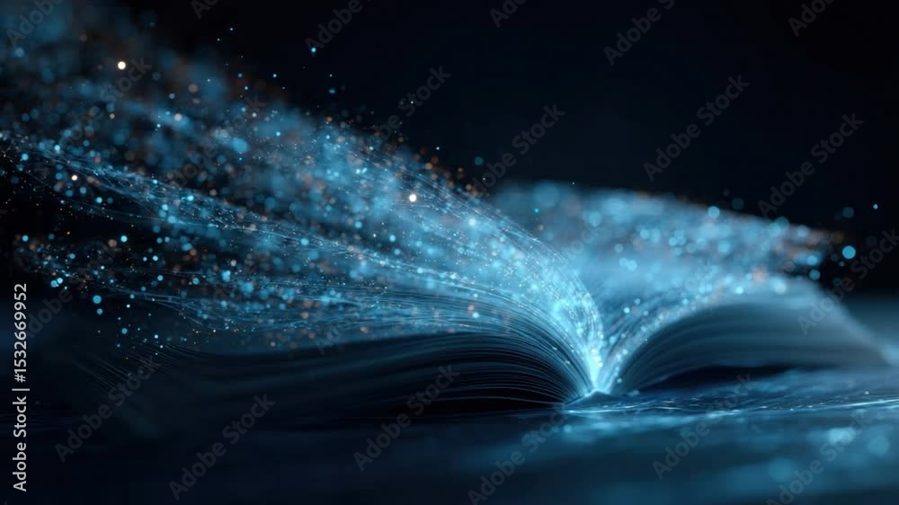 Enchanting Book of Knowledge: A magical open book glows with blue light, its pages emitting swirling particles, inviting the viewer into a realm of imagination and story.