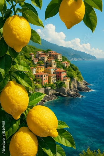 Juicy lemons on a tree branch overlooking the colorful Amalfi Coast, Italy Mediterranean summer