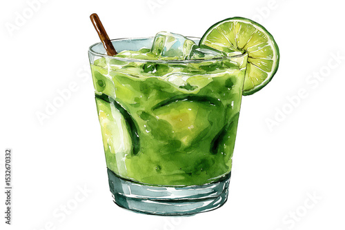 Watercolor green smoothie with lime in clip art sticker style