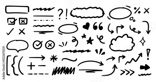Hand drawn arrows doodles vector. Set of hand drawn arrows scribble doodles, lines, pointers, rectangle, circles, check box, dividers, stars, heart, quotations etc
