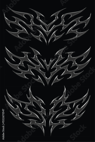 3d chrome metal of y2k tribal sigilism heart tatto. Flame shape in liquid mercury. 3d illustration of abstract neo tribal cyber sigil metallic melted modern burn form, design element. 3D Illustration