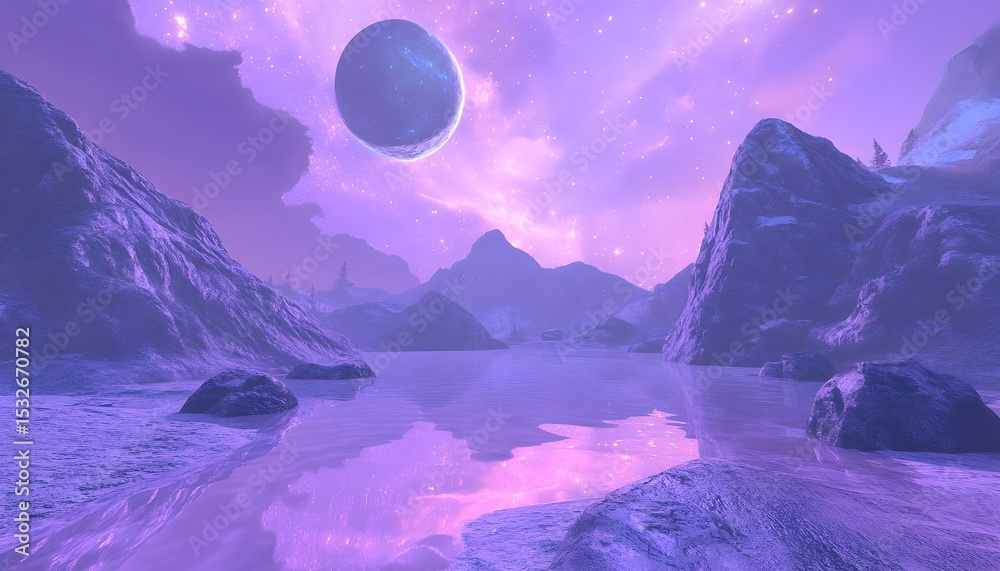 Obraz premium A serene, purple-toned landscape with icy mountains and a reflective lake.