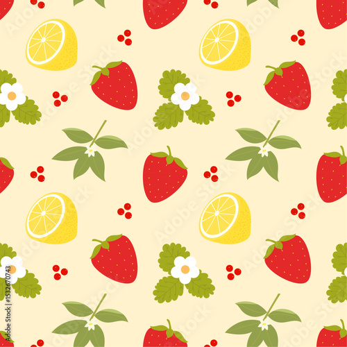 Seamless vector pattern with strawberries, lemon slices, green leaves, flowers, and small red berries. Botanical design, perfect for textiles, wrapping paper, kitchen decor.