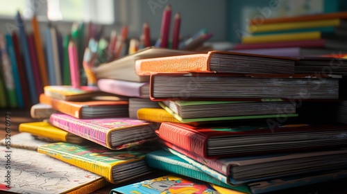 A pile of books surrounded by pens and pencils, A textbook surrounded by various school supplies