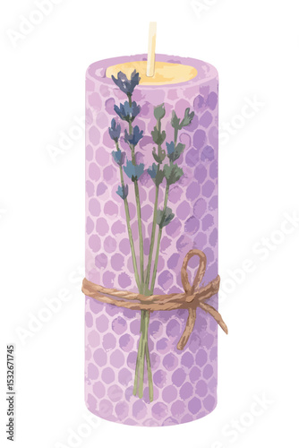 Watercolor vector illustration of a lavender candle, isolated on white background.