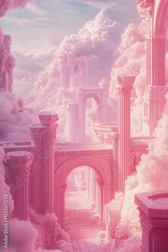 Pink and white fluffy clouds float over a stunning pink crystal palace, set against a dreamy fantasy backdrop, featuring a royal pink castle, elegant pink arch bridges,