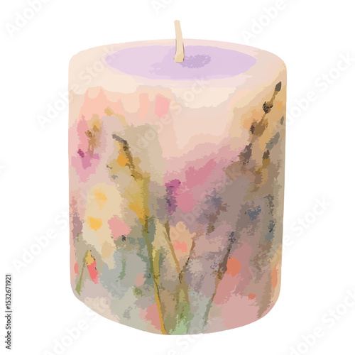 Watercolor vector illustration of a herbal candle with wildflowers and grasses, vector isolated on white background. 