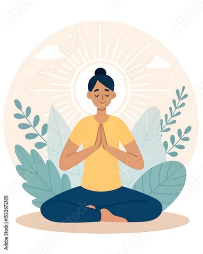 Flat vector illustration of a person in a seated yoga pose with soft pastel background, sun rays, and nature icons — concept of wellness, mindfulness, inner peace, and healthy lifestyle balance


