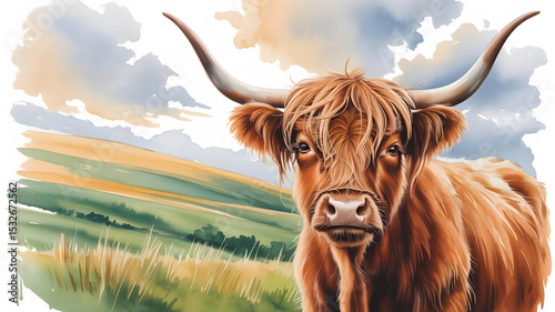 Majestic Highland Cow in Field watercolour