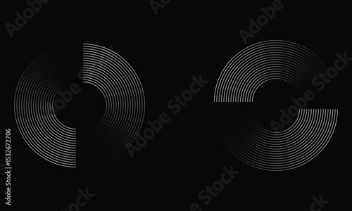 Minimal black background with two circular geometric patterns composed of fine white concentric lines. A sleek and modern abstract design ideal for digital, tech, or futuristic visuals.