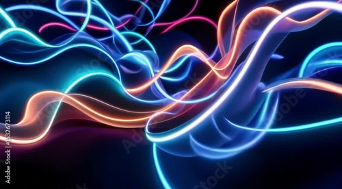 Flowing ribbons of neon light that twist and rotate in 3D space, slowly changing colors with each transition