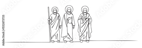 Three apostles walking together in a minimalist line art style on a white background