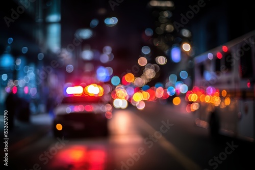 Blue and Red Police Car Light Streaks in Nighttime Blur - Abstract Emergency Scene.