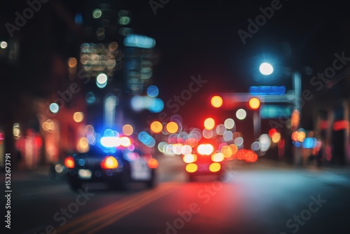 Blurred emergency vehicles with flashing lights on night road, police and ambulance scene.