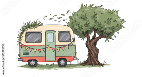 Vintage Camper Van Illustration Olive Tree & Festive Decor