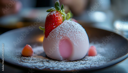 Soft white mochi, with a soft pink exterior, lightly dusted with powdered sugar, and beautifully decorated with fresh, ripe strawberries on top, is a deliciously sweet treat.