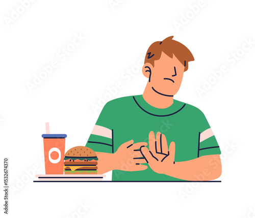 A man refused to eat junk food, hamburger and drink soda for health reasons. Flat vector illustration isolated on white background