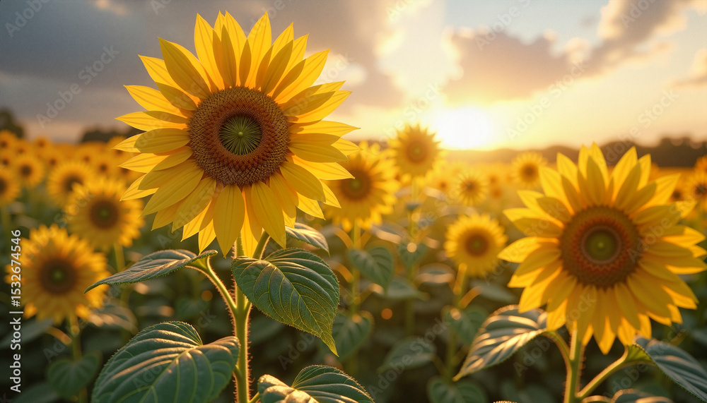 Fototapeta premium 3D-rendered sunflower field with glossy petals and clear sky in clean, minimal style
