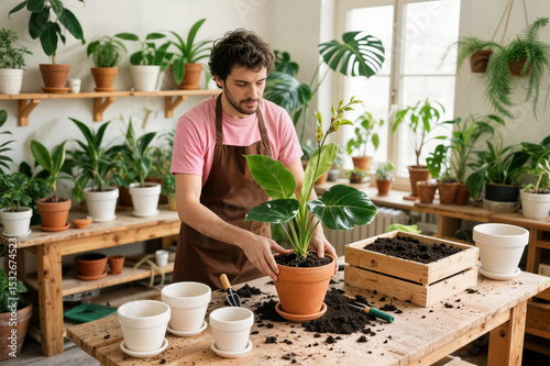 a man delicately holds a potted plant on a wooden table in a quaint plant shop showcasing his love for greenery concept bahçevan bahçıvan
