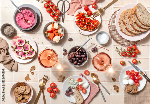 Colorful Mediterranean-style brunch spread with fresh vegetables and bread.jpg
