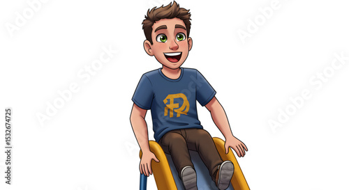 Joyful Cartoon Boy Sliding Down a Playground Slide Playful Illustration