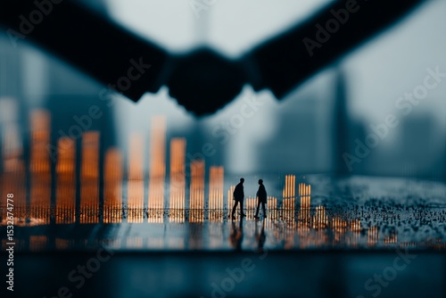 Business professionals engaged in a handshake atop a digital financial graph illustrating growth and partnership during a modern cityscape evening