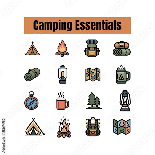 camping essentials icon set