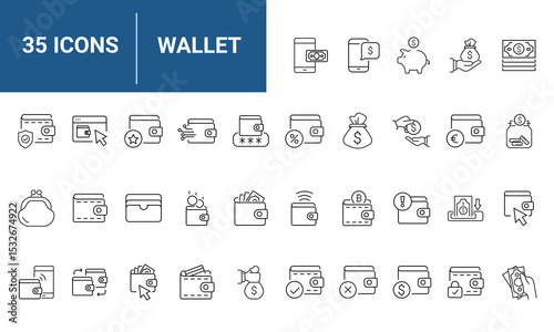 Wallet set of web icons in line style. A collection of linear icons representing wallet concepts, including cash, credit cards, digital wallet, money, security, payment, mobile wallet. Editable stroke