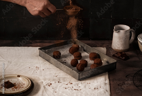 human hand spreading cocoa on chocolate cookies